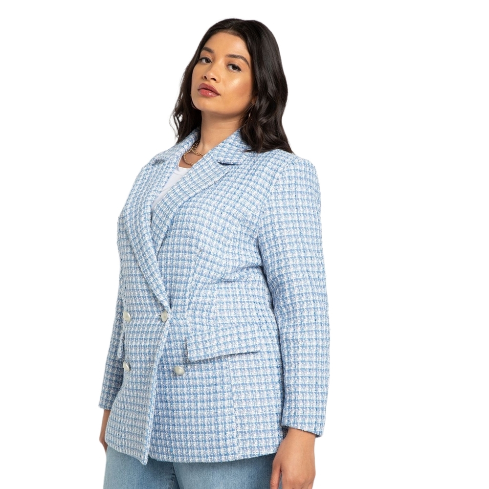 Eloquii Blue White Pink Tweed Double Breasted Blazer Women's Size 16 Work Casual